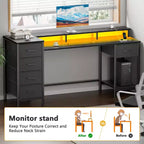 55 Inch Computer Desk with Charging Station, Reversible Gaming Desk with LED Lights, Fabric Drawers and Monitor Stand
