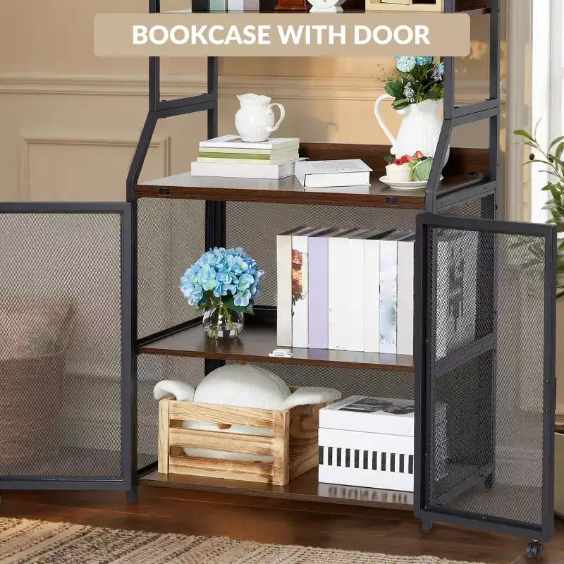 Industrial Bookcase with Metal Frame and Wood Shelves