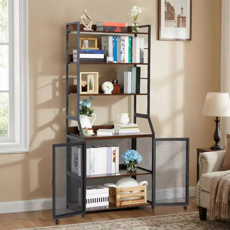 Industrial Bookcase with Metal Frame and Wood Shelves