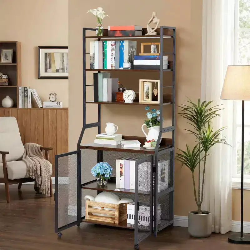 Industrial Bookcase with Metal Frame and Wood Shelves