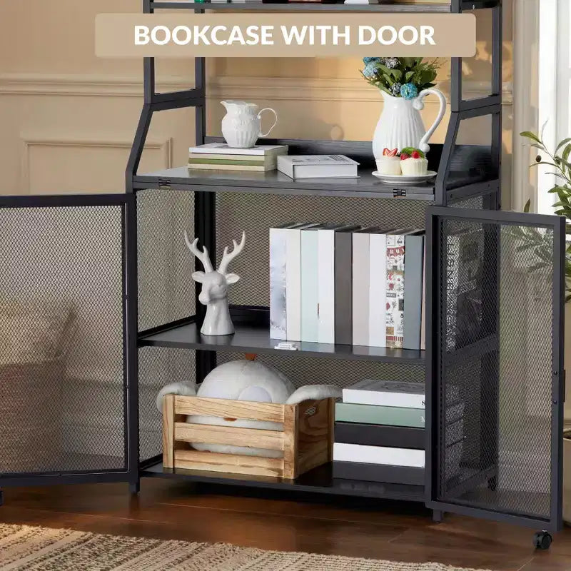 Industrial Bookcase with Metal Frame and Wood Shelves