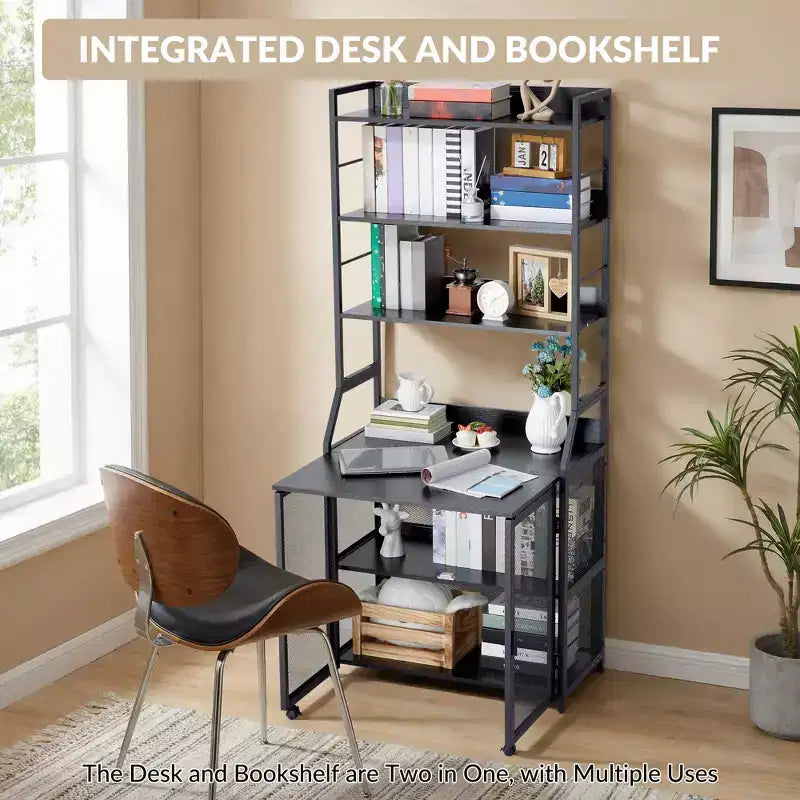 Industrial Bookcase with Metal Frame and Wood Shelves