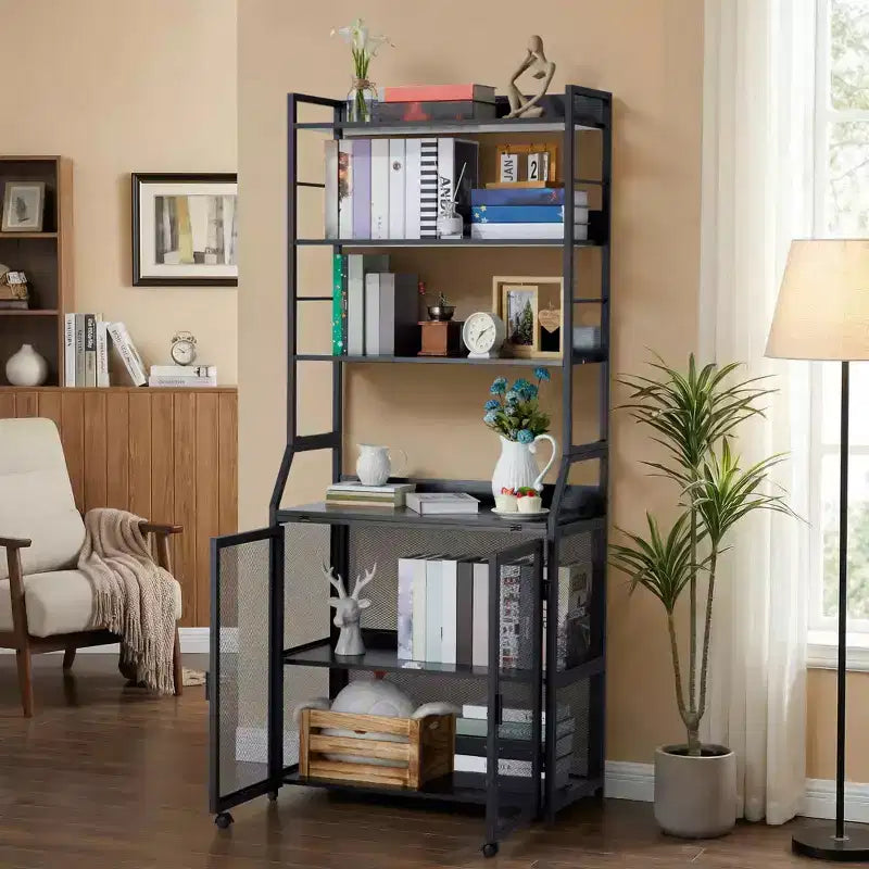 Industrial Bookcase with Metal Frame and Wood Shelves