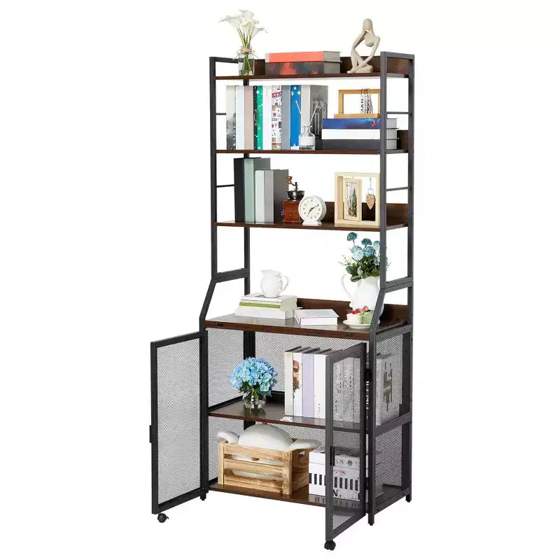 Industrial Bookcase with Metal Frame and Wood Shelves