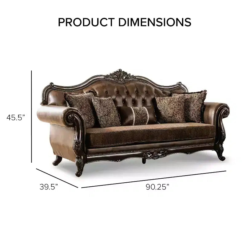90.25" Sofa Traditional with Nailhead Trim, Brown