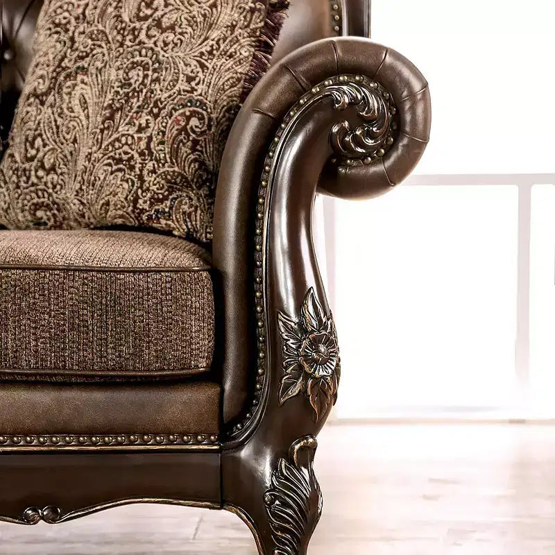 90.25" Sofa Traditional with Nailhead Trim, Brown