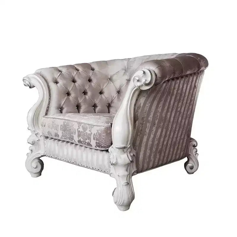 52" Accent Chair – Ivory Fabric, Bone White Finish, Tufted with Nailhead Trim