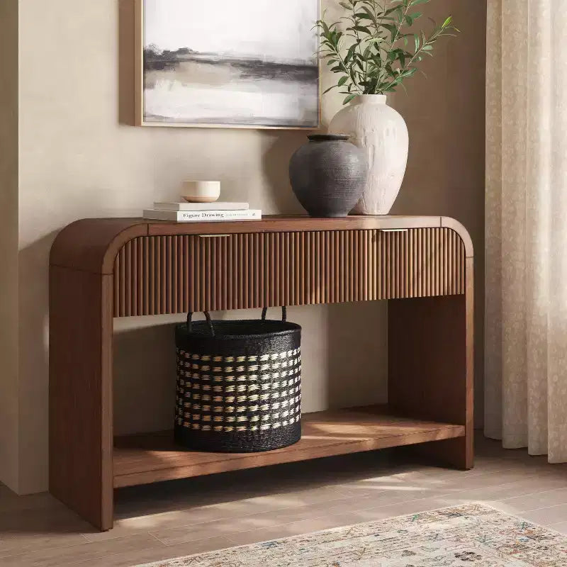 Reeded Console Table with Two Drawers - Dark Brown