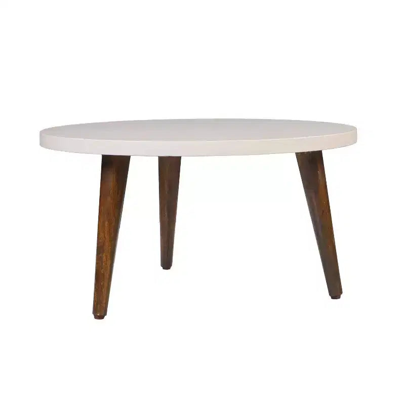 24" Round Coffee Table with Off-White Top and Tapered Wood Legs