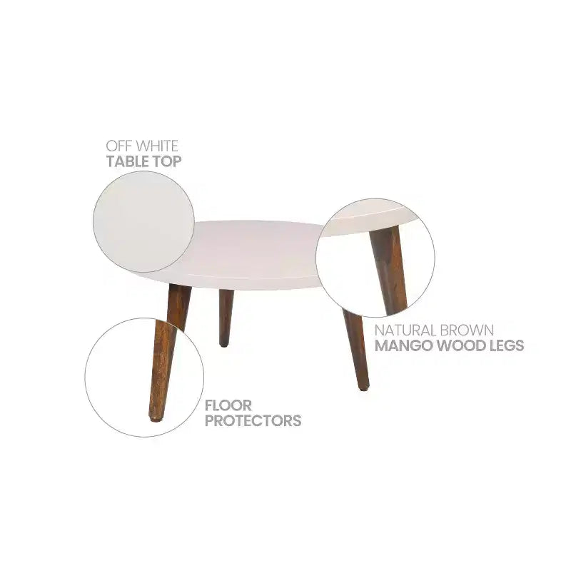 24" Round Coffee Table with Off-White Top and Tapered Wood Legs