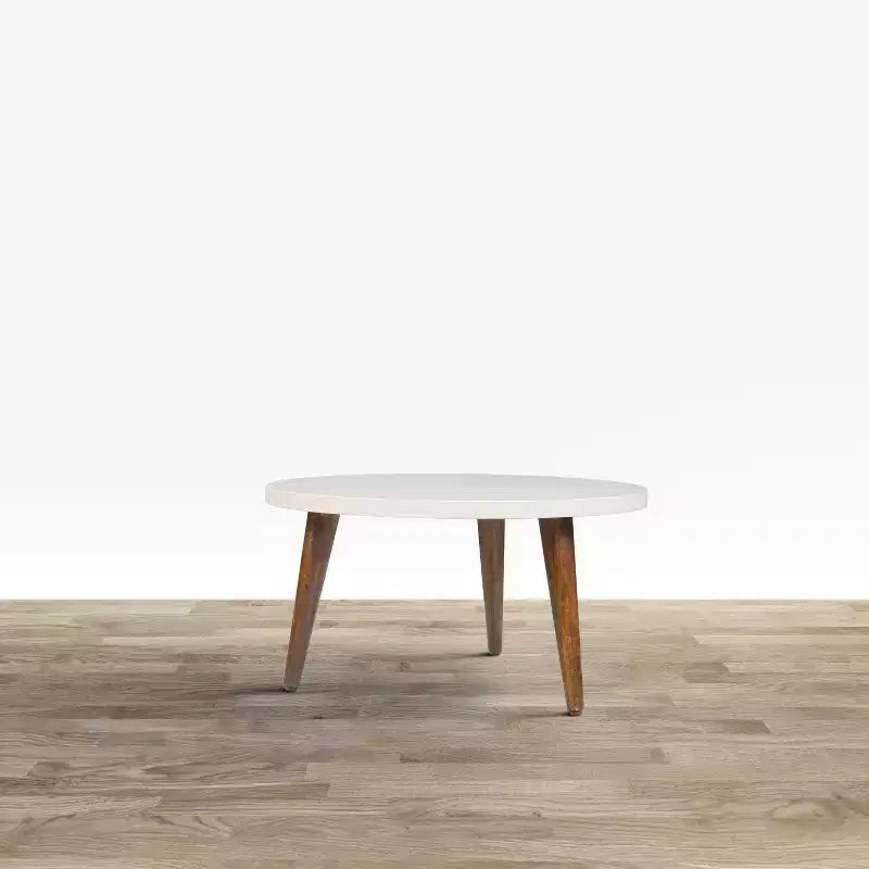 24" Round Coffee Table with Off-White Top and Tapered Wood Legs
