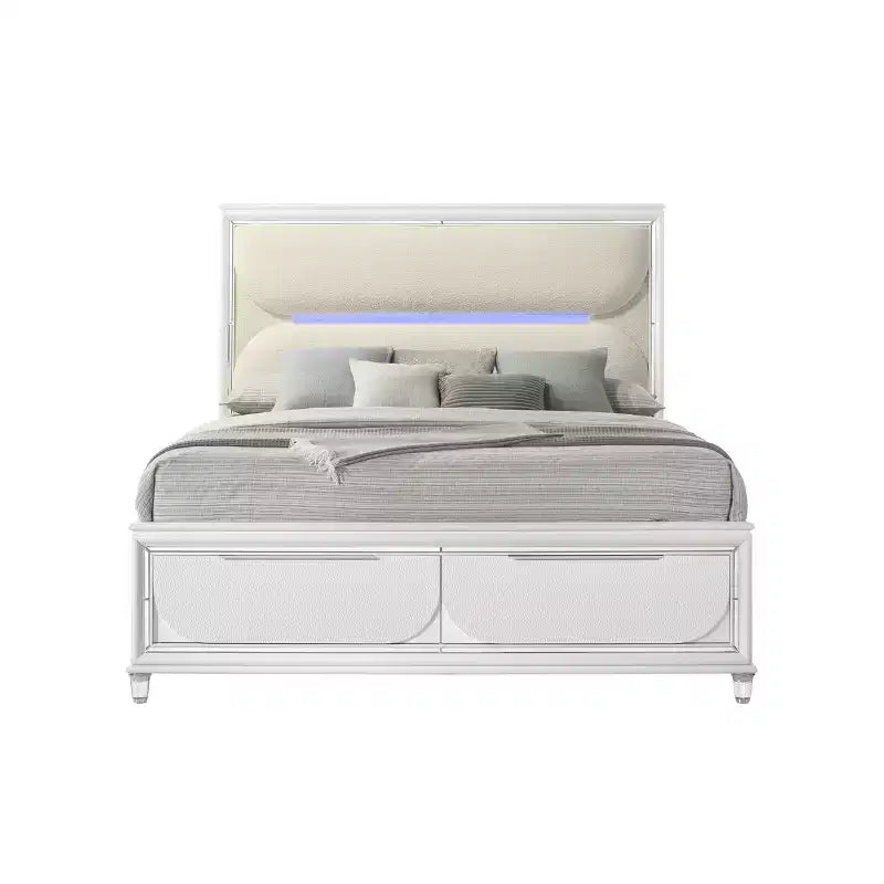 79.65" Eastern King Storage Bed with LED Headboard – White Acrylic Upholstery