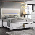 79.65" Eastern King Storage Bed with LED Headboard – White Acrylic Upholstery