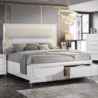 79.65" Eastern King Storage Bed with LED Headboard – White Acrylic Upholstery