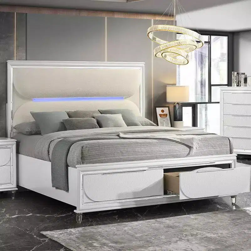 79.65" Eastern King Storage Bed with LED Headboard – White Acrylic Upholstery