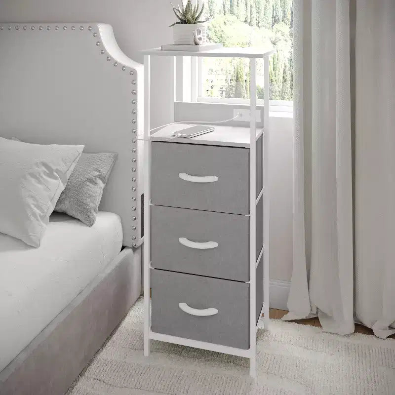 3-Drawer Nightstand with Charging Station, 2 USB Ports and 1 Outlet, Metal Frame, Engineered Wood Top