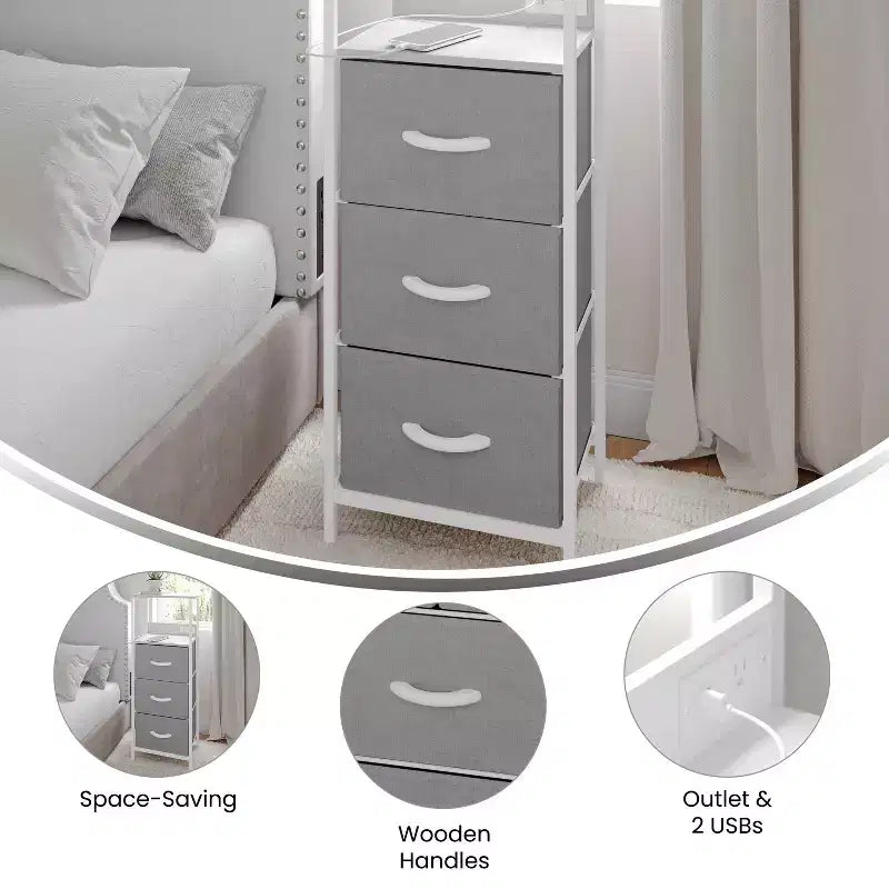 3-Drawer Nightstand with Charging Station, 2 USB Ports and 1 Outlet, Metal Frame, Engineered Wood Top