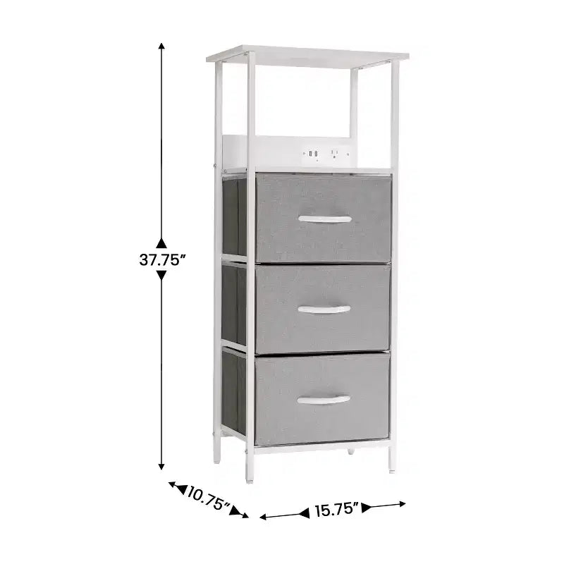 3-Drawer Nightstand with Charging Station, 2 USB Ports and 1 Outlet, Metal Frame, Engineered Wood Top