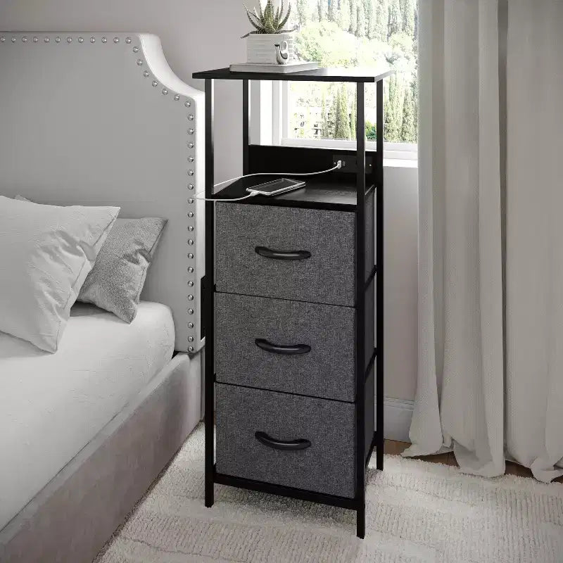 3-Drawer Nightstand with Charging Station, 2 USB Ports and 1 Outlet, Metal Frame, Engineered Wood Top