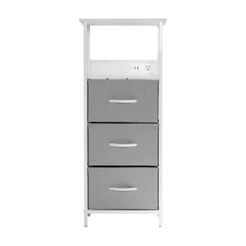 3-Drawer Nightstand with Charging Station, 2 USB Ports and 1 Outlet, Metal Frame, Engineered Wood Top