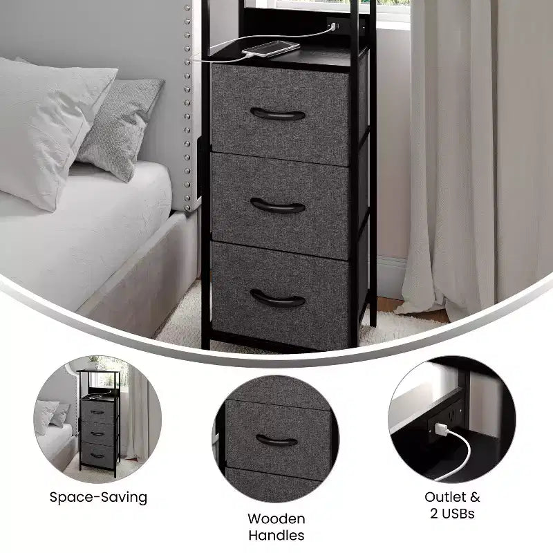 3-Drawer Nightstand with Charging Station, 2 USB Ports and 1 Outlet, Metal Frame, Engineered Wood Top