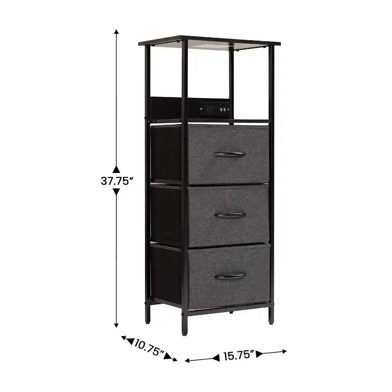 3-Drawer Nightstand with Charging Station, 2 USB Ports and 1 Outlet, Metal Frame, Engineered Wood Top