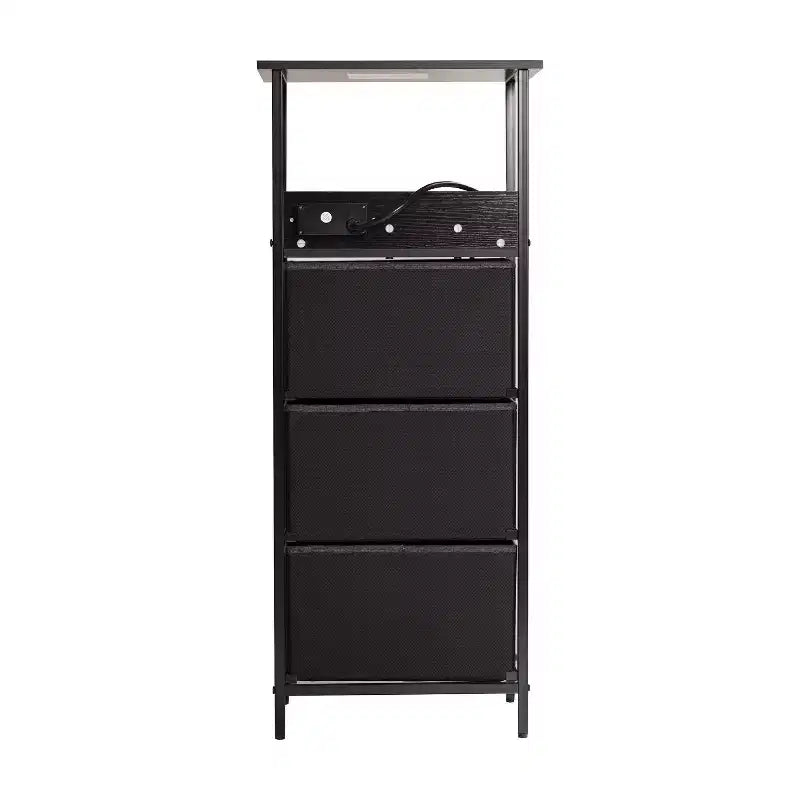 3-Drawer Nightstand with Charging Station, 2 USB Ports and 1 Outlet, Metal Frame, Engineered Wood Top