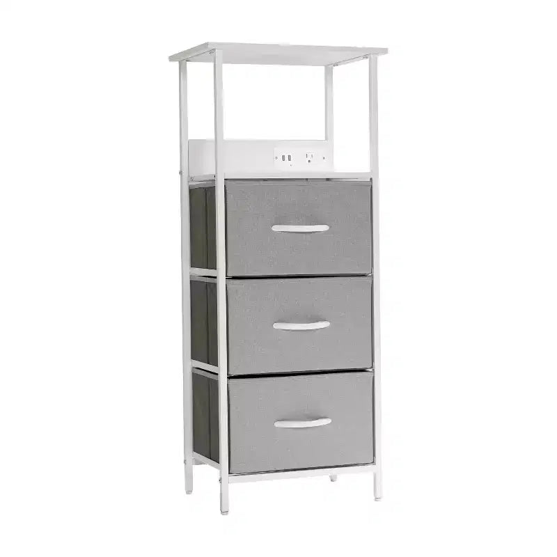 3-Drawer Nightstand with Charging Station, 2 USB Ports and 1 Outlet, Metal Frame, Engineered Wood Top