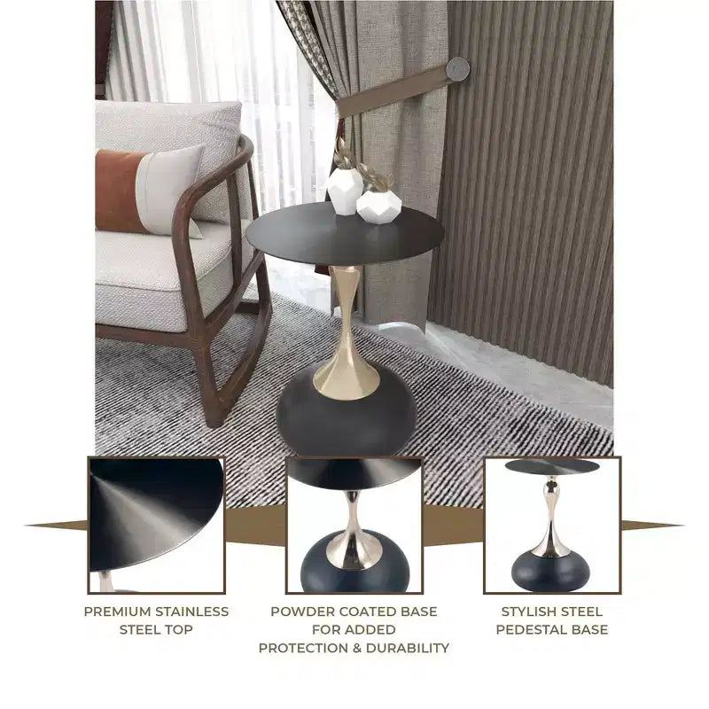 Modern Pedestal End Table - Black Stainless Steel Accent Table