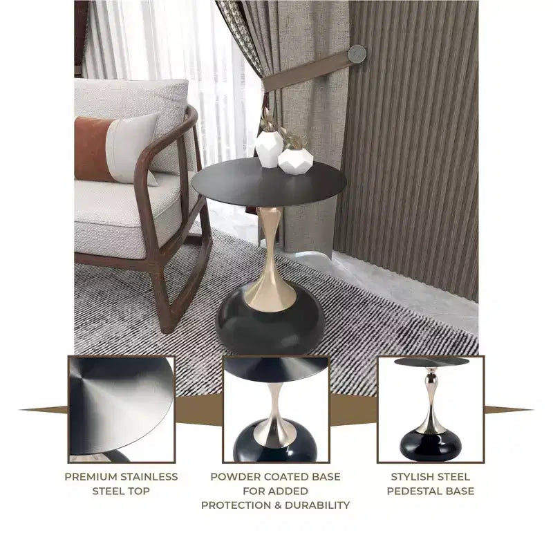 Modern Pedestal End Table - Black Stainless Steel Accent Table