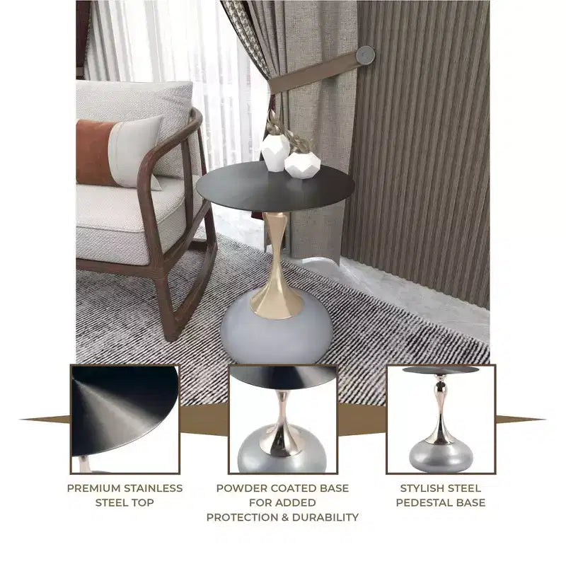 Modern Pedestal End Table - Black Stainless Steel Accent Table