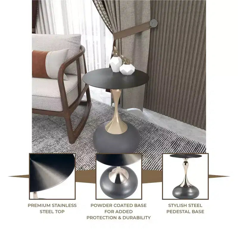 Modern Pedestal End Table - Black Stainless Steel Accent Table