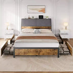 Metal Platform Bed Frame with Charging Station and 4 Storage Drawers, Upholstered Storage Headboard, No Box Spring Needed, Brown