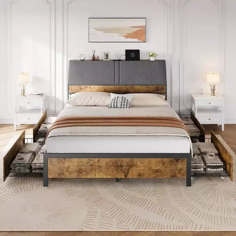 Metal Platform Bed Frame with Charging Station and 4 Storage Drawers, Upholstered Storage Headboard, No Box Spring Needed, Brown