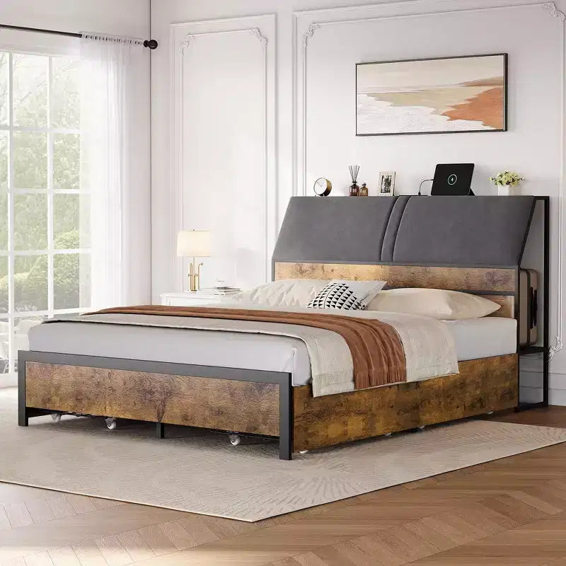 Metal Platform Bed Frame with Charging Station and 4 Storage Drawers, Upholstered Storage Headboard, No Box Spring Needed, Brown