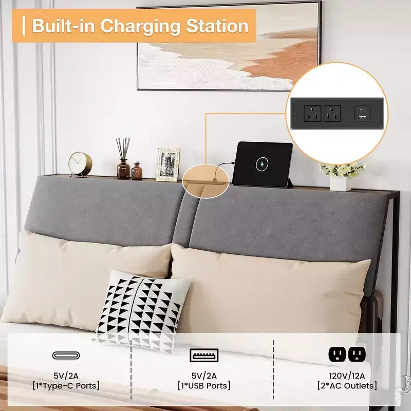 Metal Platform Bed Frame with Charging Station and 4 Storage Drawers, Upholstered Storage Headboard, No Box Spring Needed, Brown