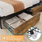 Metal Platform Bed Frame with Charging Station and 4 Storage Drawers, Upholstered Storage Headboard, No Box Spring Needed, Brown