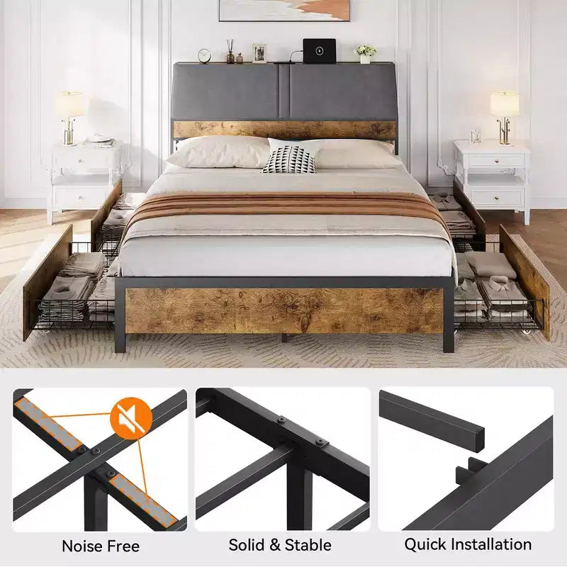 Metal Platform Bed Frame with Charging Station and 4 Storage Drawers, Upholstered Storage Headboard, No Box Spring Needed, Brown