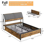Metal Platform Bed Frame with Charging Station and 4 Storage Drawers, Upholstered Storage Headboard, No Box Spring Needed, Brown