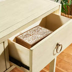 Rubberwood Console Table with Drawers and Open Shelf