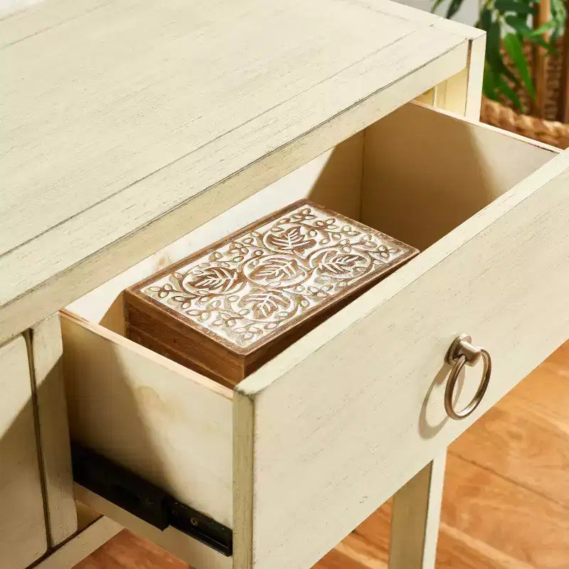 Rubberwood Console Table with Drawers and Open Shelf