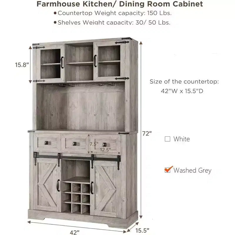 Bar Cabinet with Sliding Barn Doors, Storage Hutch and 3 Drawers