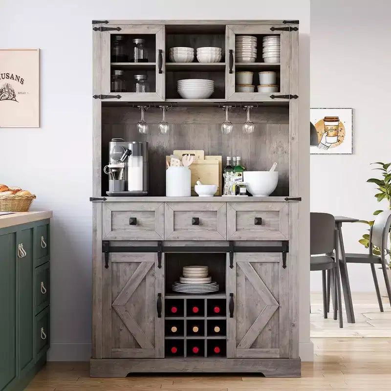Bar Cabinet with Sliding Barn Doors, Storage Hutch and 3 Drawers