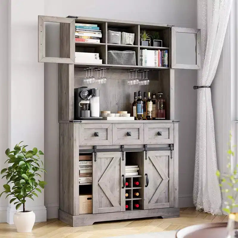 Bar Cabinet with Sliding Barn Doors, Storage Hutch and 3 Drawers