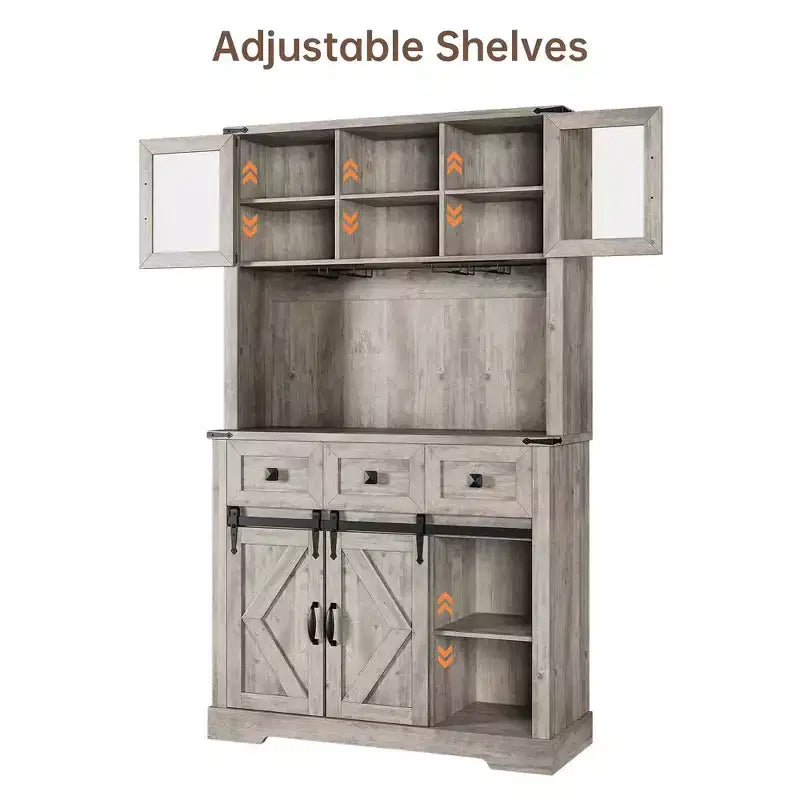 Bar Cabinet with Sliding Barn Doors, Storage Hutch and 3 Drawers