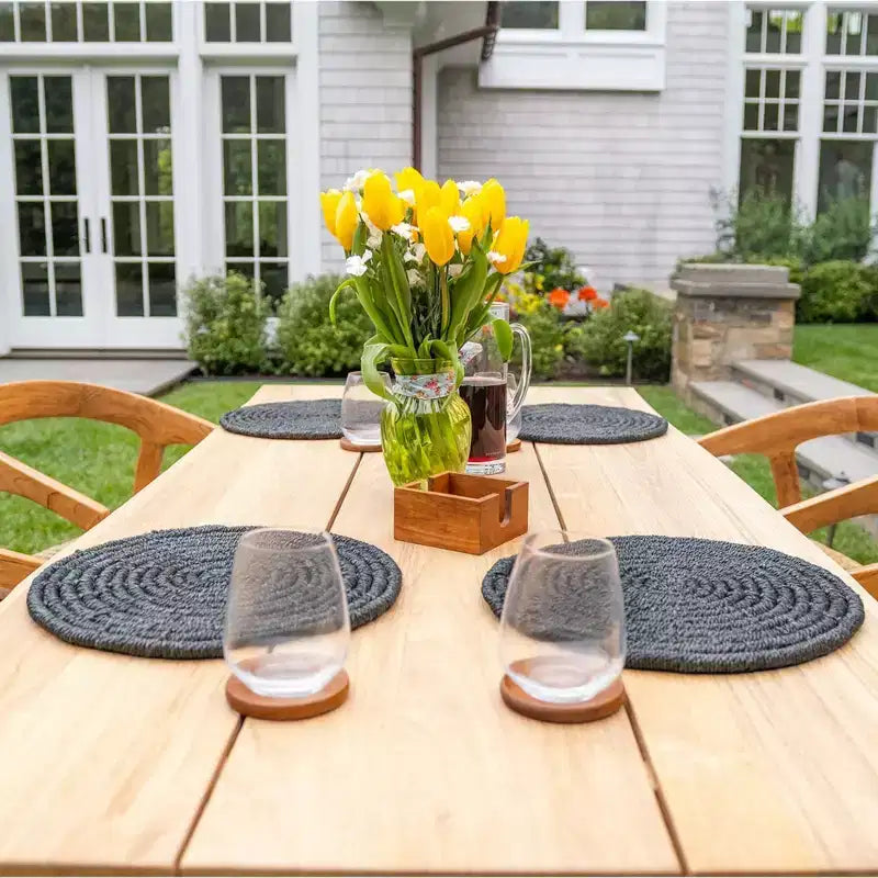 79" Teak Dining Table - Beige Top with Black Legs
