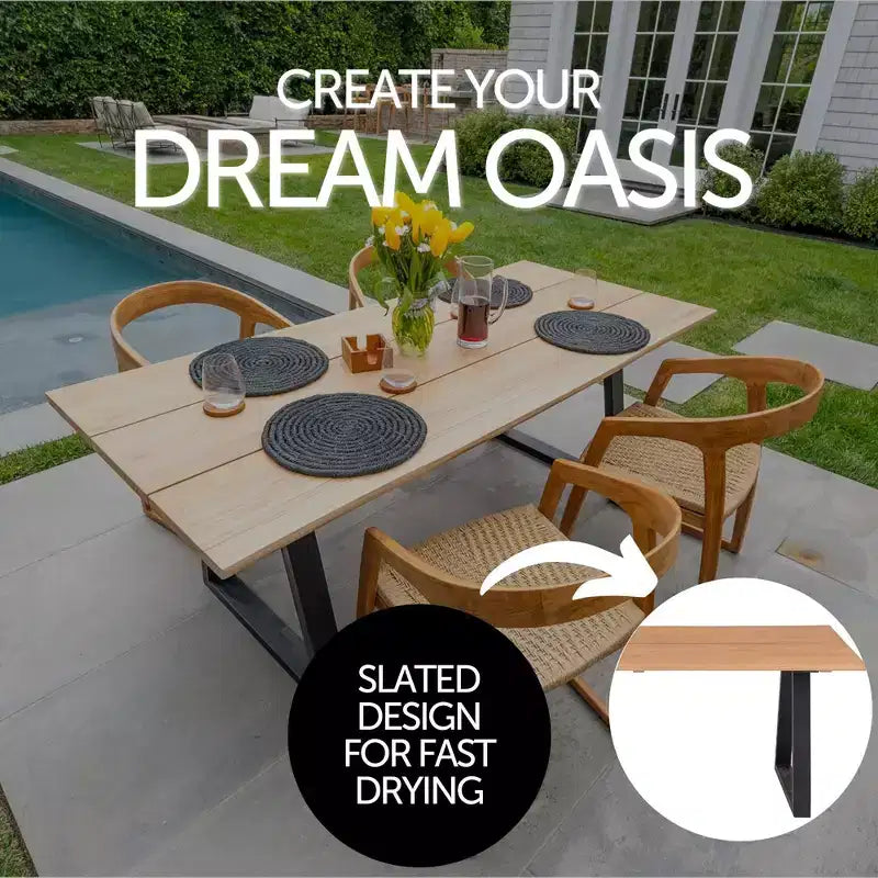 79" Teak Dining Table - Beige Top with Black Legs